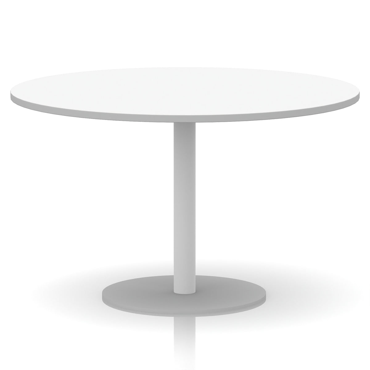 White round table with metal base on a white background