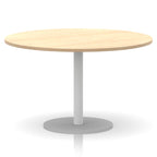 Round table with wood-effect top and white base on a white background