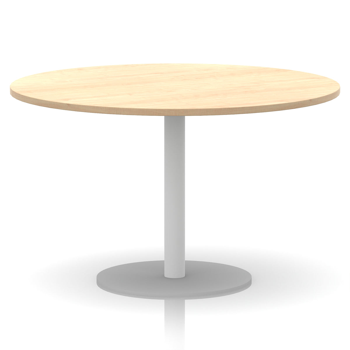 Round table with wood-effect top and white base on a white background