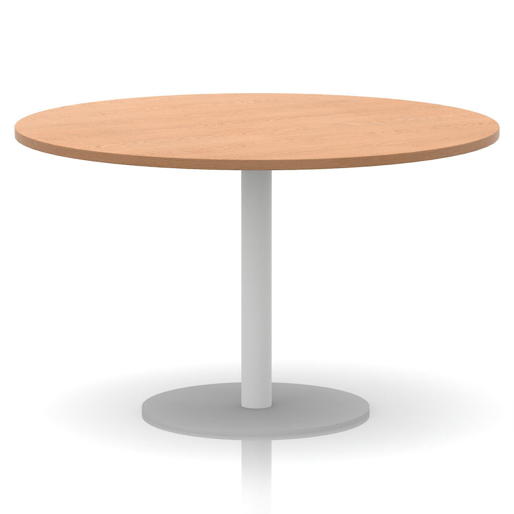 Round table with wood-effect top and white base on a white background