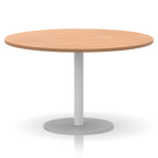 Round table with wood-effect top and white base on a white background