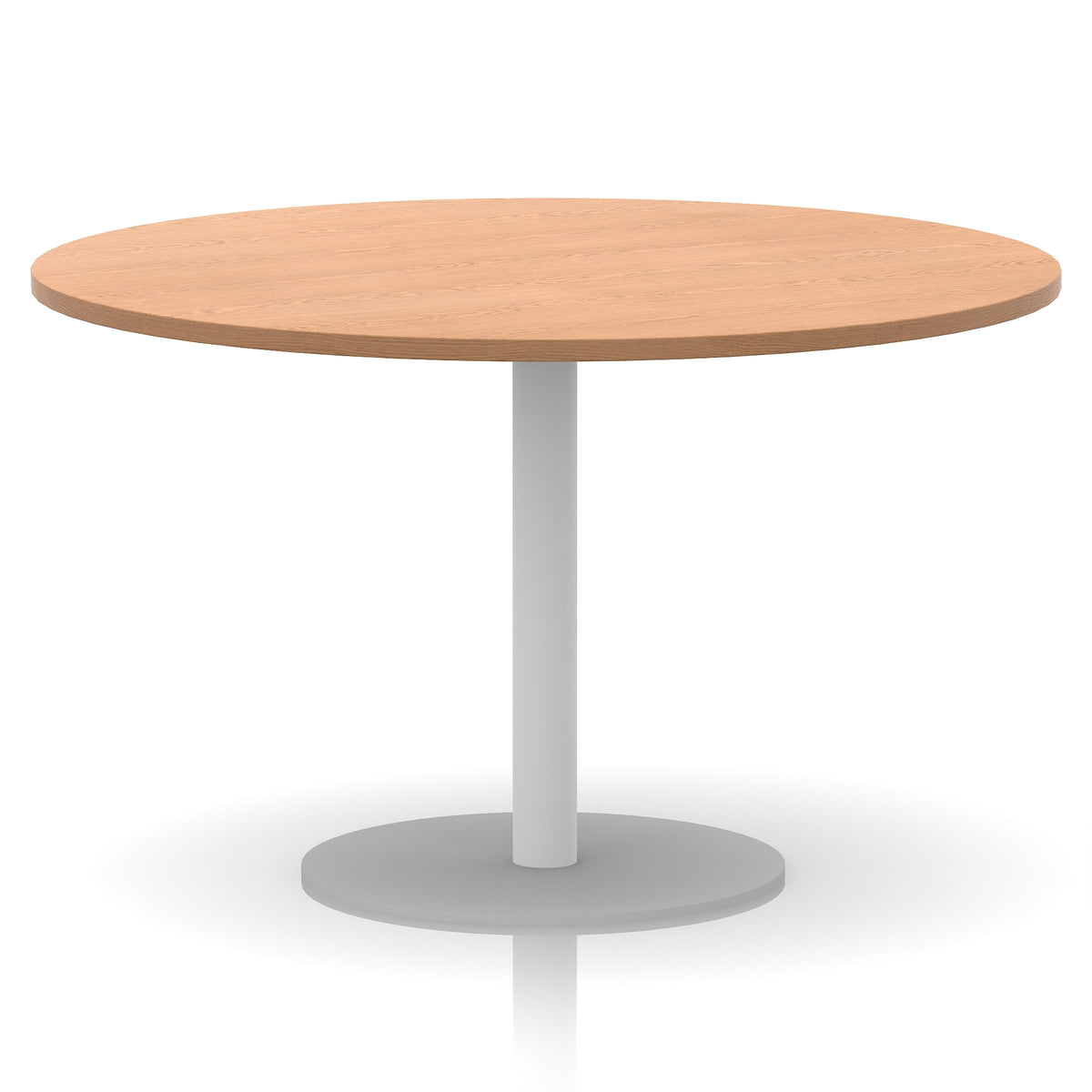 Round table with wood-effect top and white base on a white background