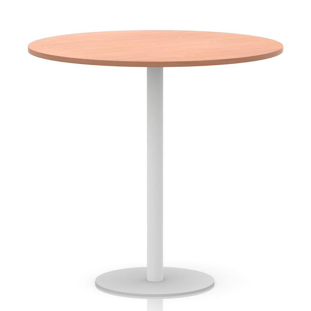 Round table with wood-effect top and white base on a white background