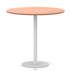 Round table with wood-effect top and white base on a white background