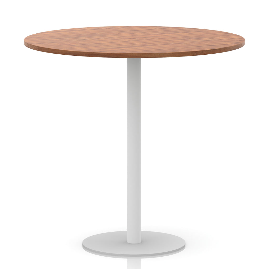 Round table with wood-effect top and white base on a white background