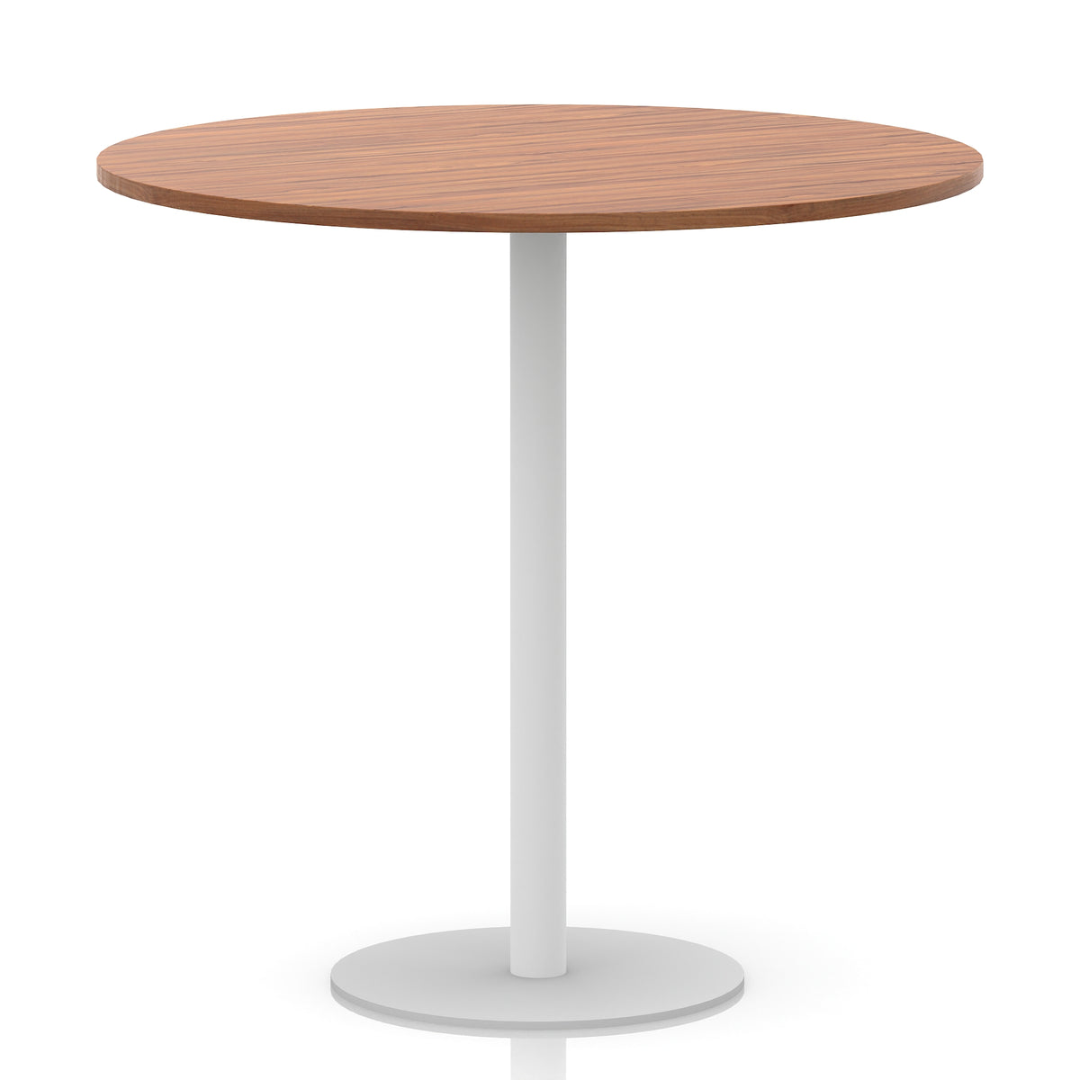Round table with wood-effect top and white base on a white background