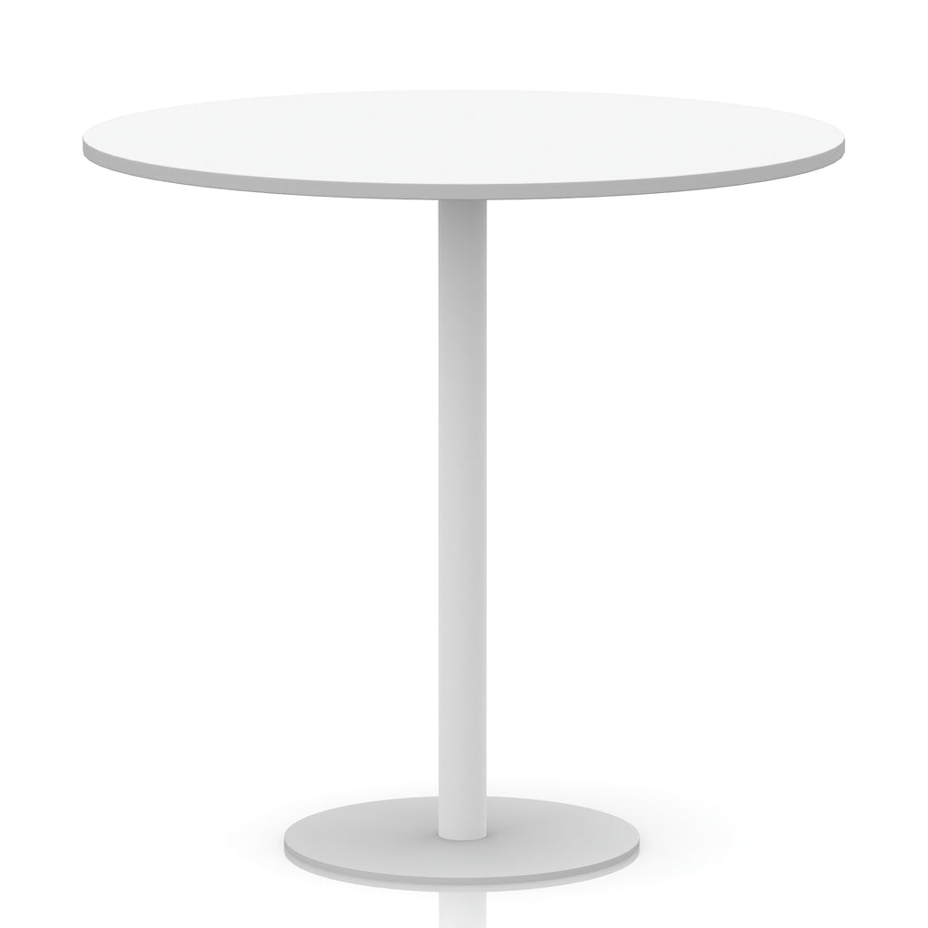 White round table with metal base on a white background
