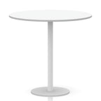White round table with metal base on a white background