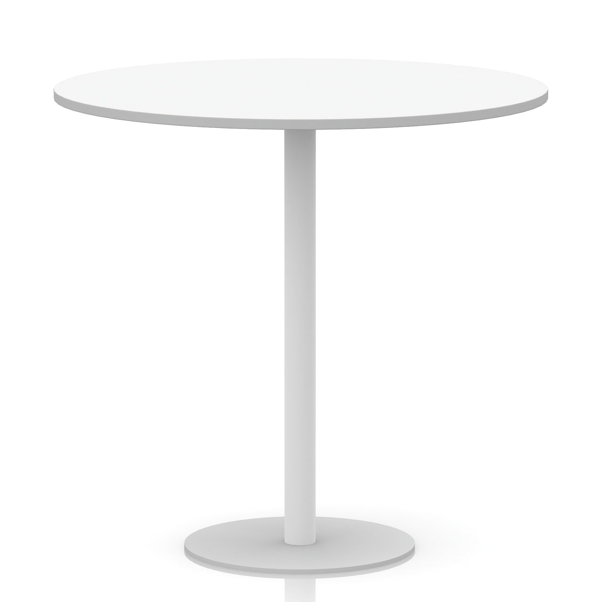 White round table with metal base on a white background