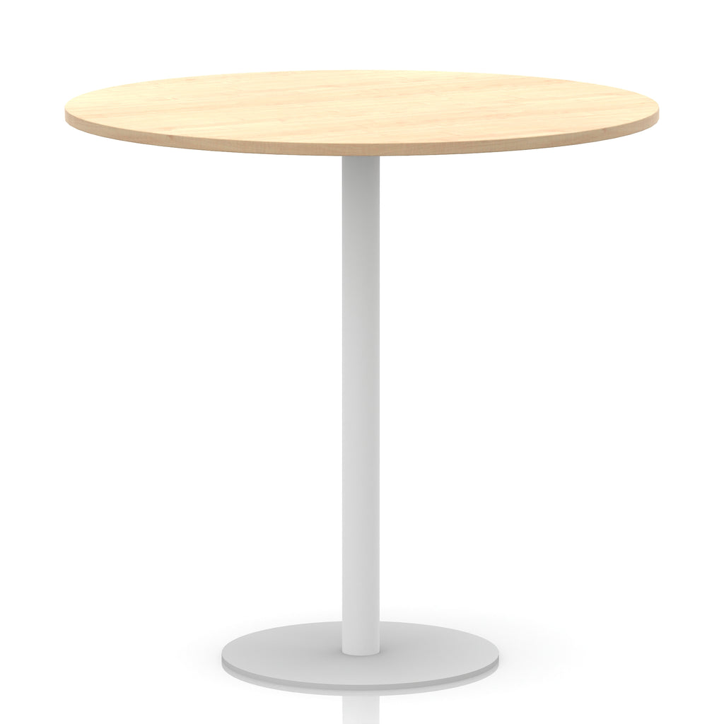 Round table with wood-effect top and white base on a white background