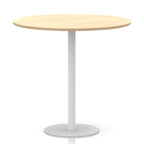 Round table with wood-effect top and white base on a white background