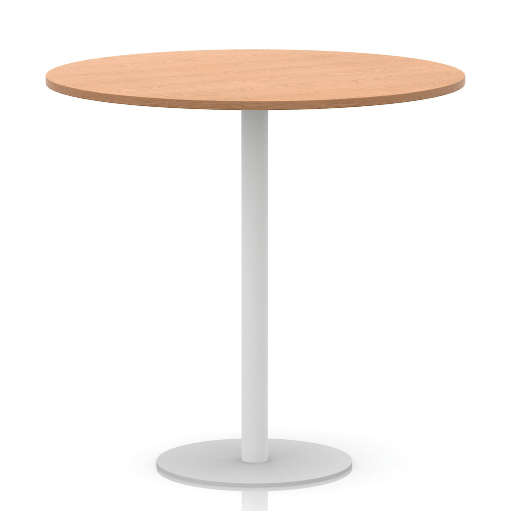 Round table with wood-effect top and white base on a white background