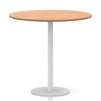 Round table with wood-effect top and white base on a white background