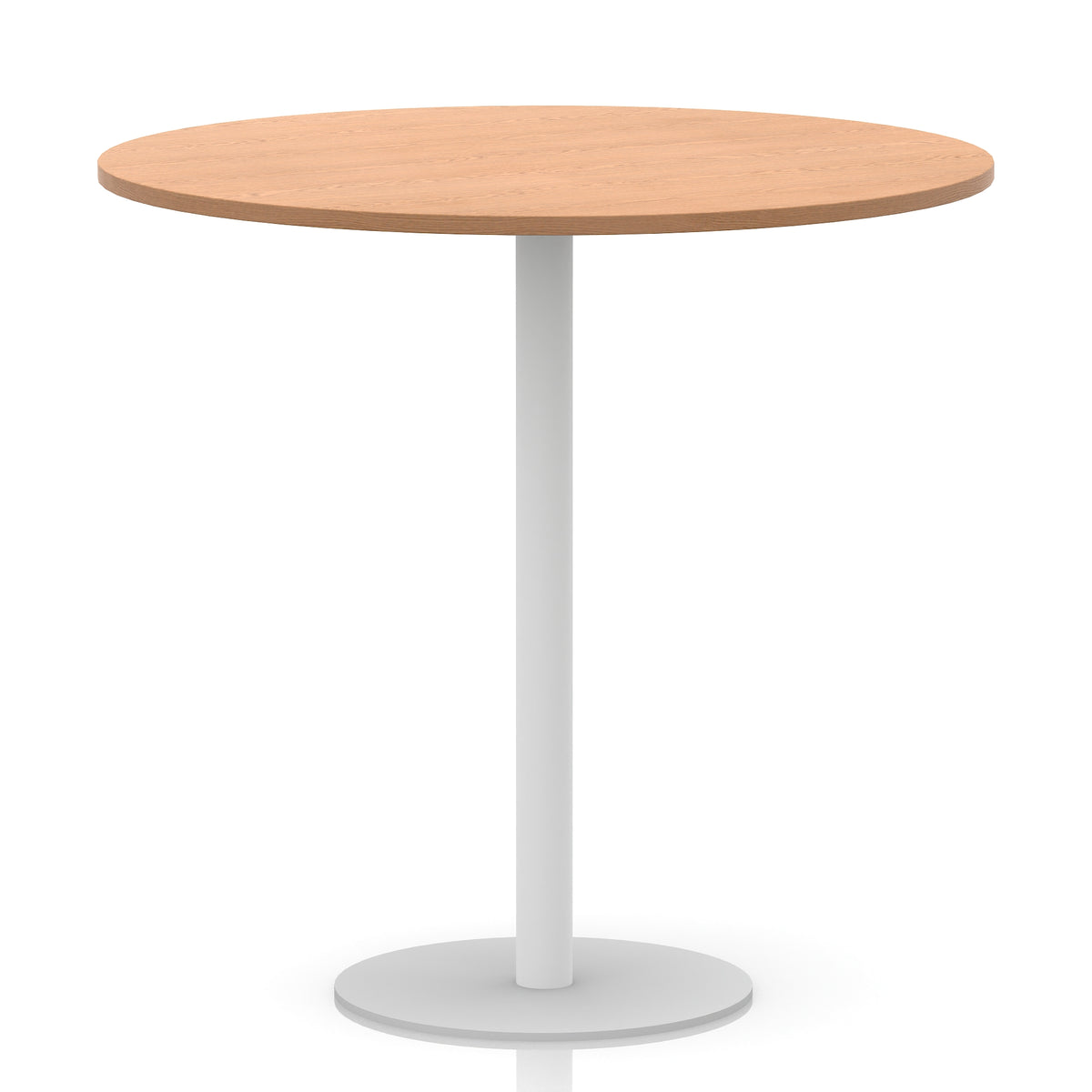 Round table with wood-effect top and white base on a white background