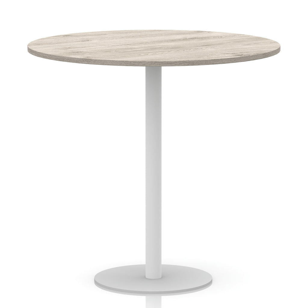 Round table with wood-effect top and white base on a white background