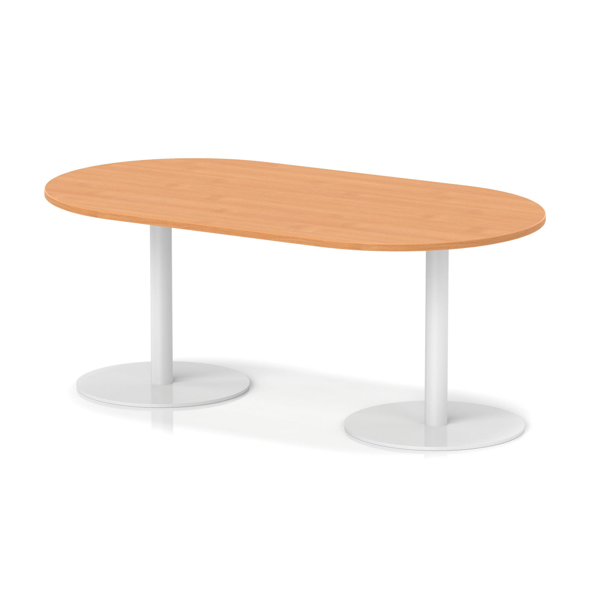 Table with wood-effect top and white metal legs on a white background