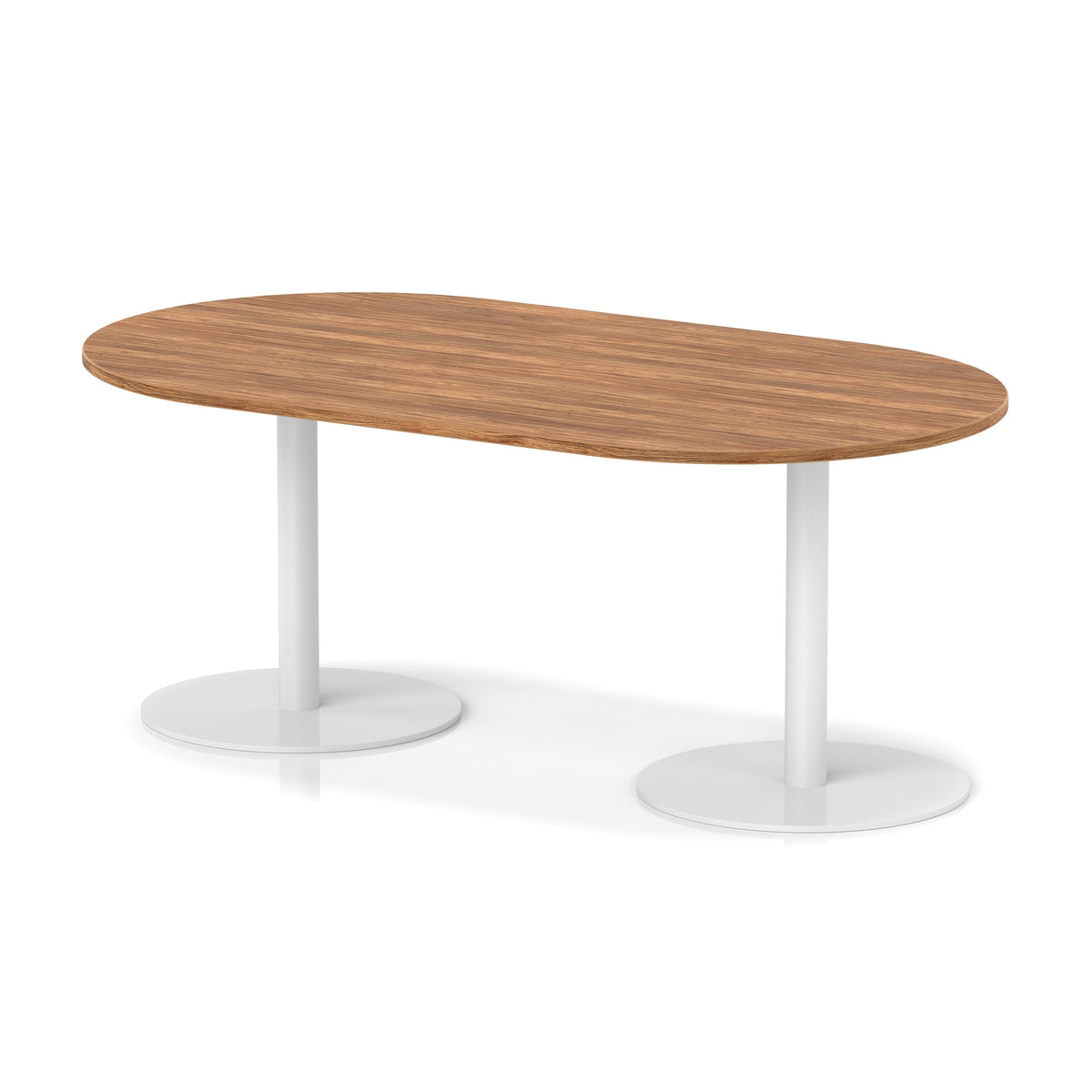 Table with wood-effect top and white metal legs on a white background