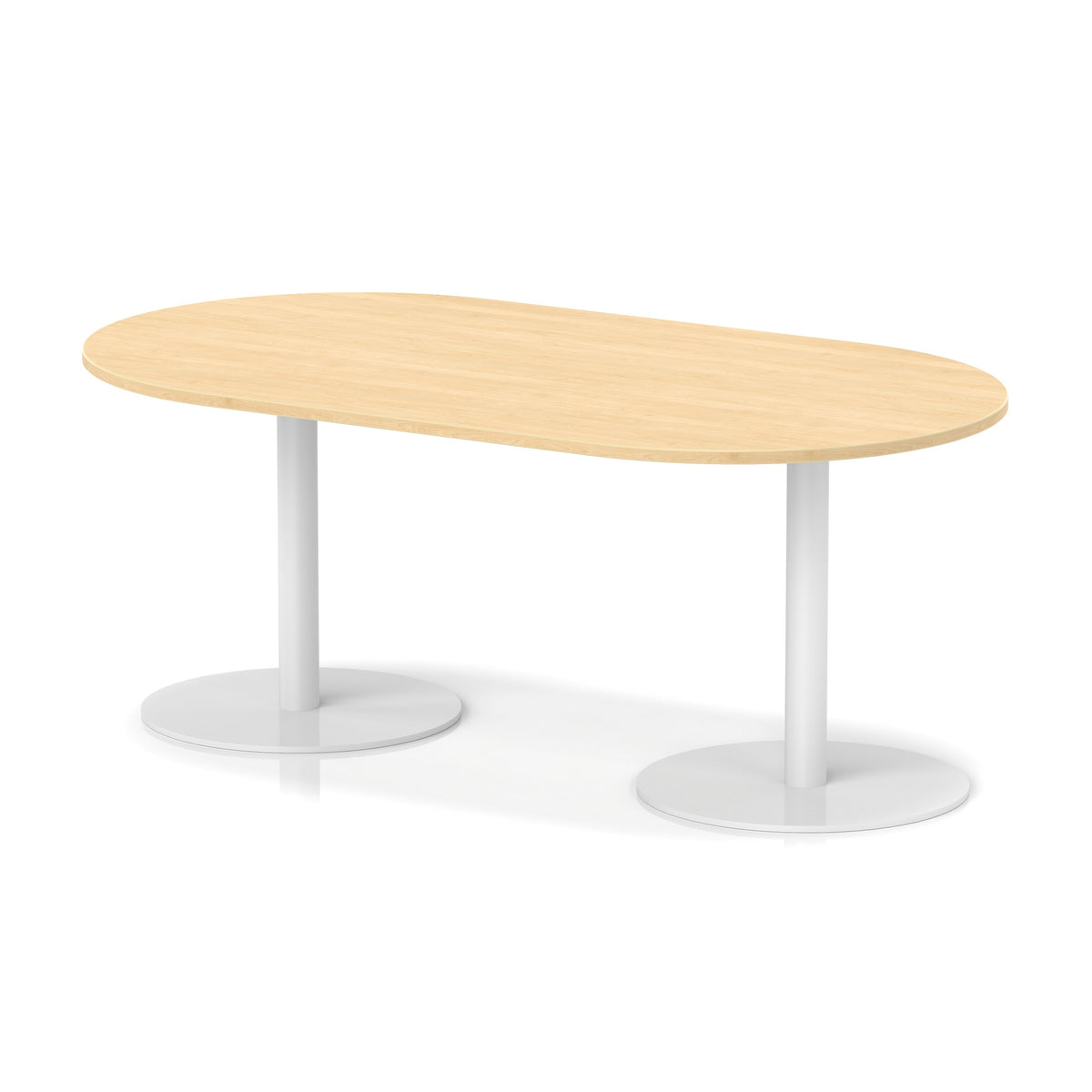 Table with wood-effect top and white metal legs on a white background