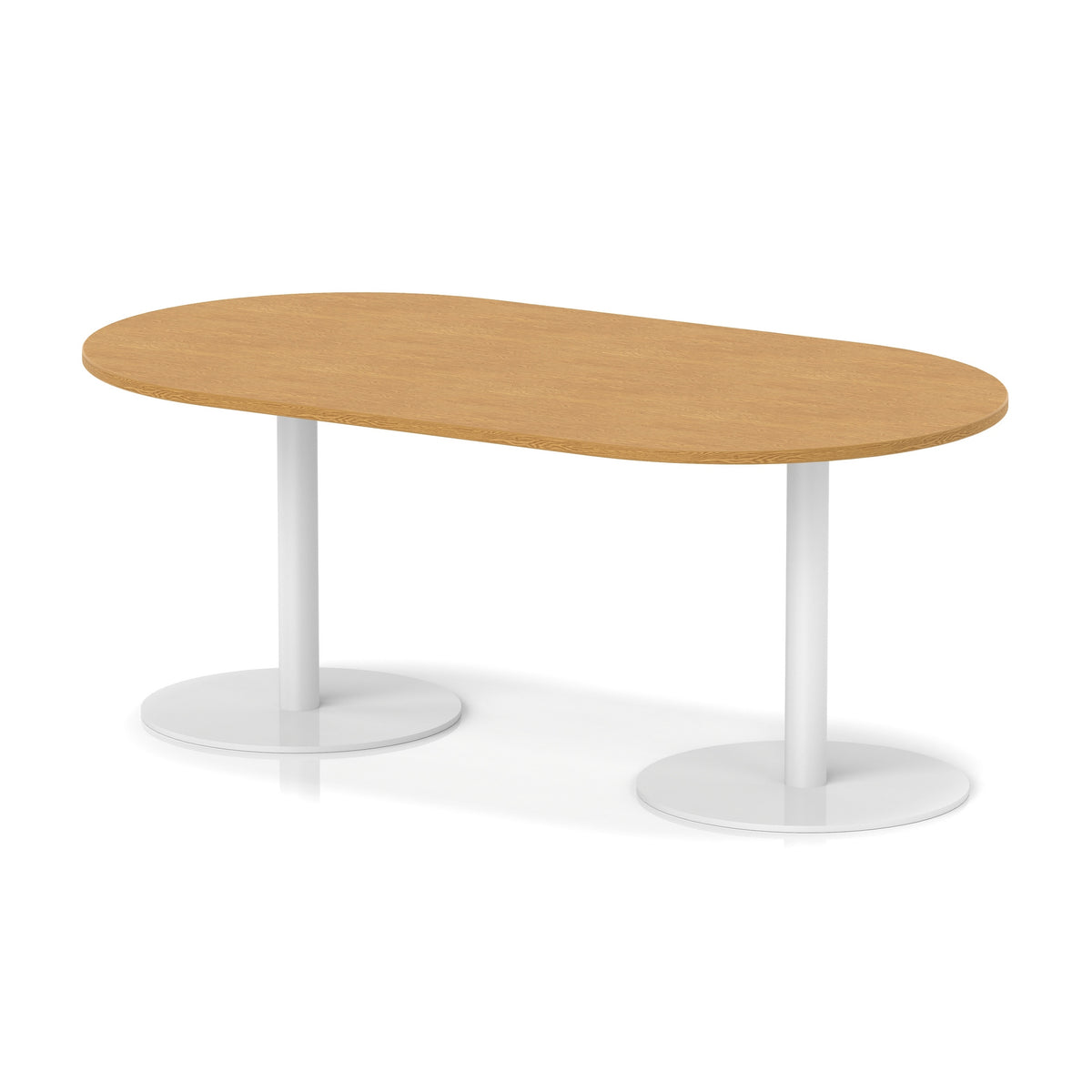 Table with wood-effect top and white metal legs on a white background