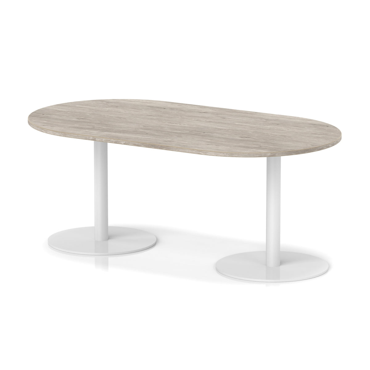 Table with wood-effect top and white metal legs on a white background