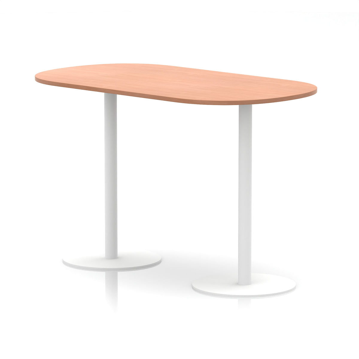 High table with wood-effect top and white metal legs on a white background