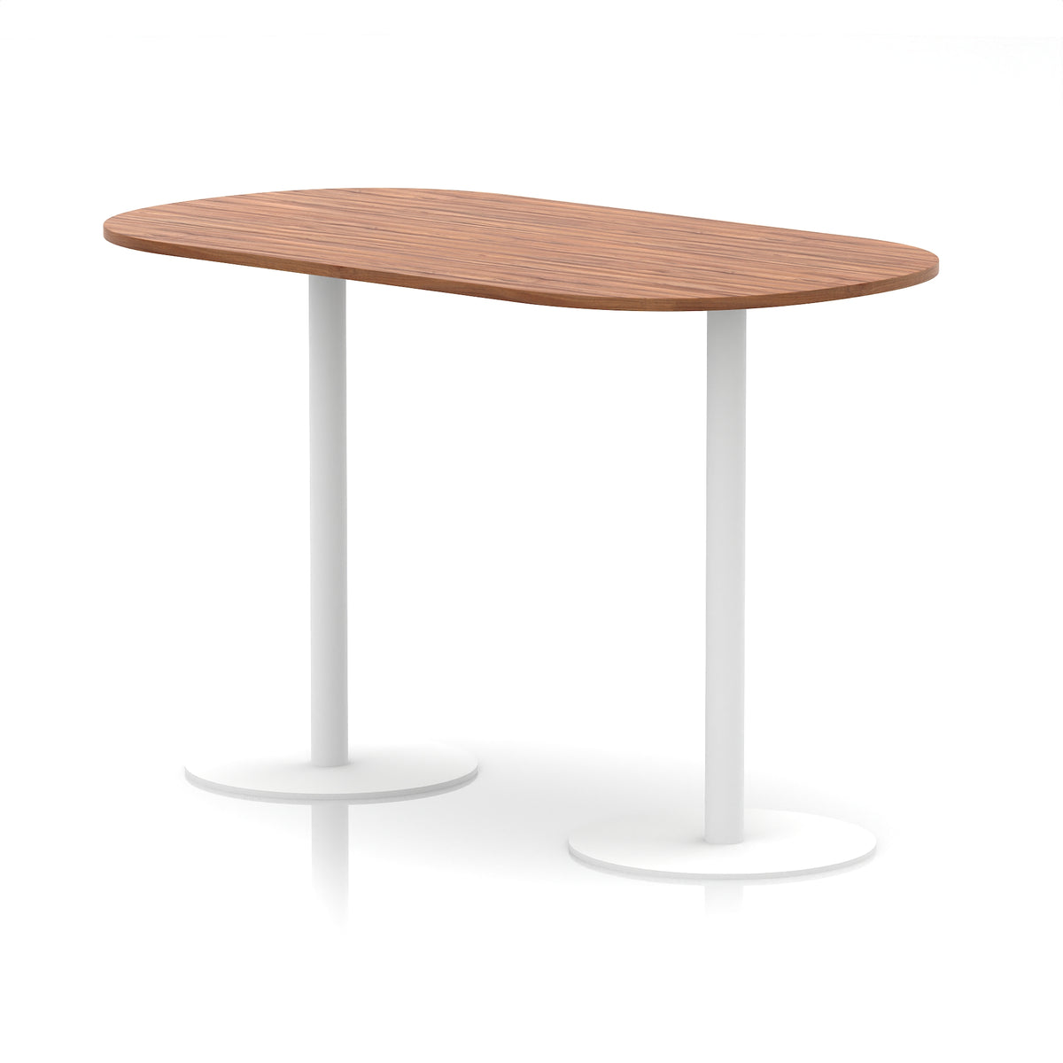 High table with wood-effect top and white metal legs on a white background