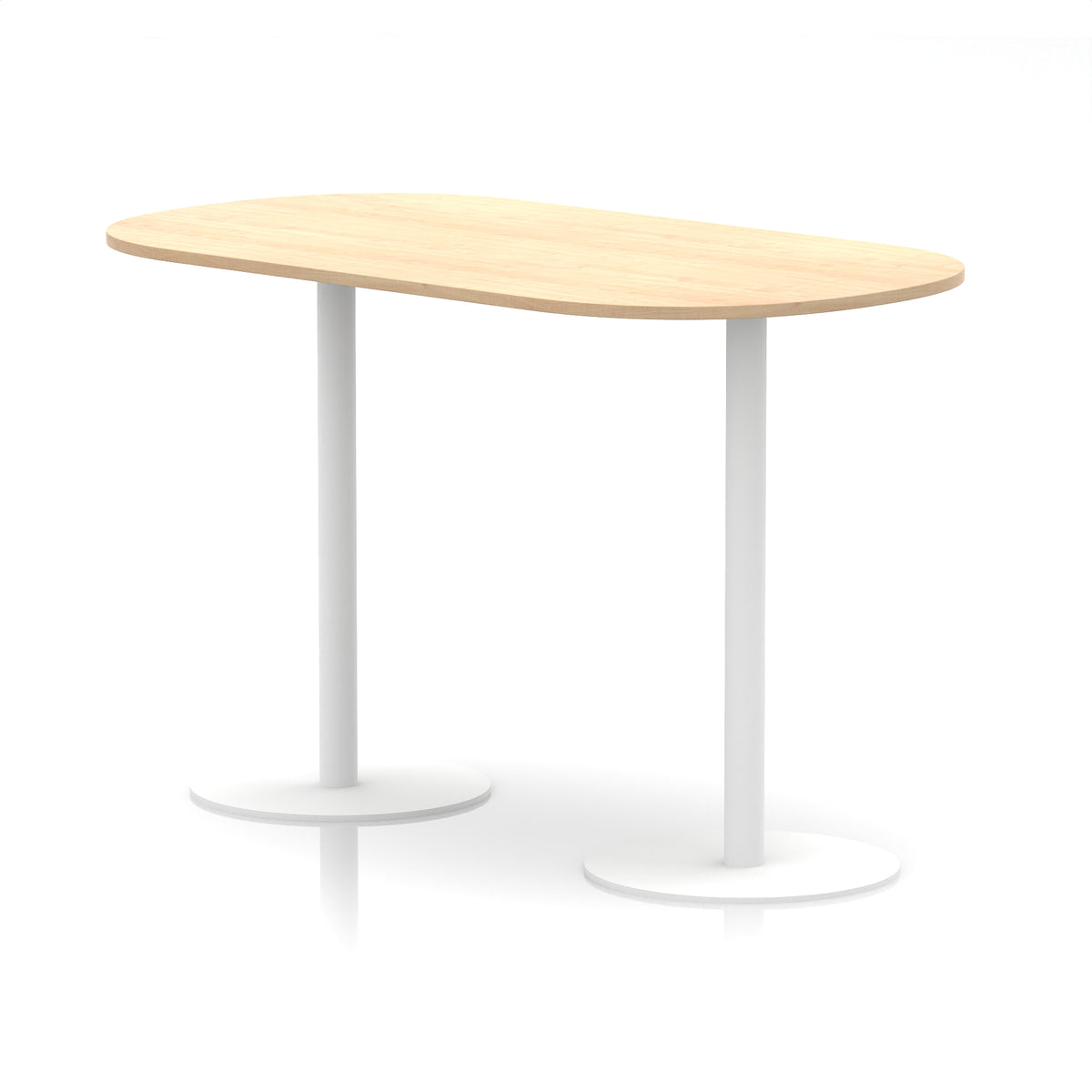 High table with wood-effect top and white metal legs on a white background