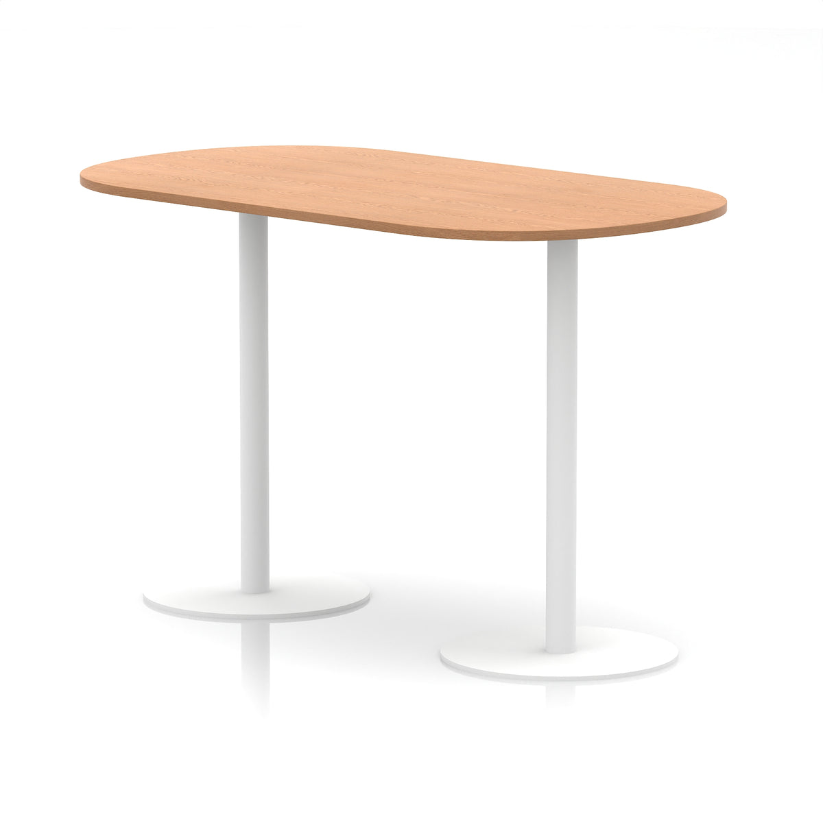 High table with wood-effect top and white metal legs on a white background