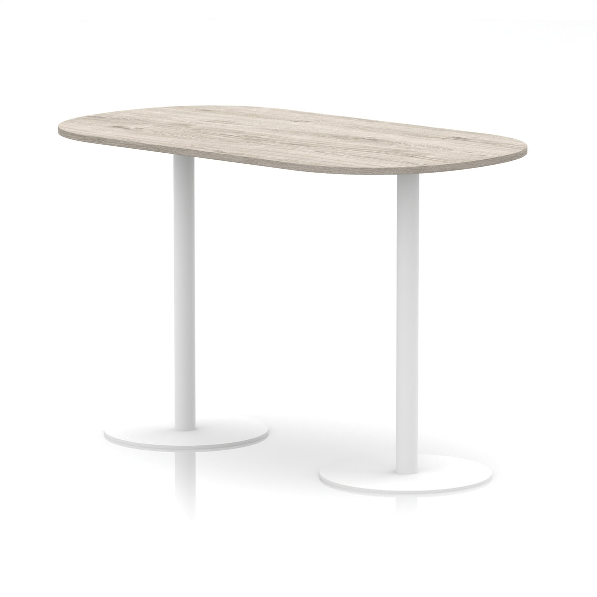 High table with wood-effect top and white metal legs on a white background