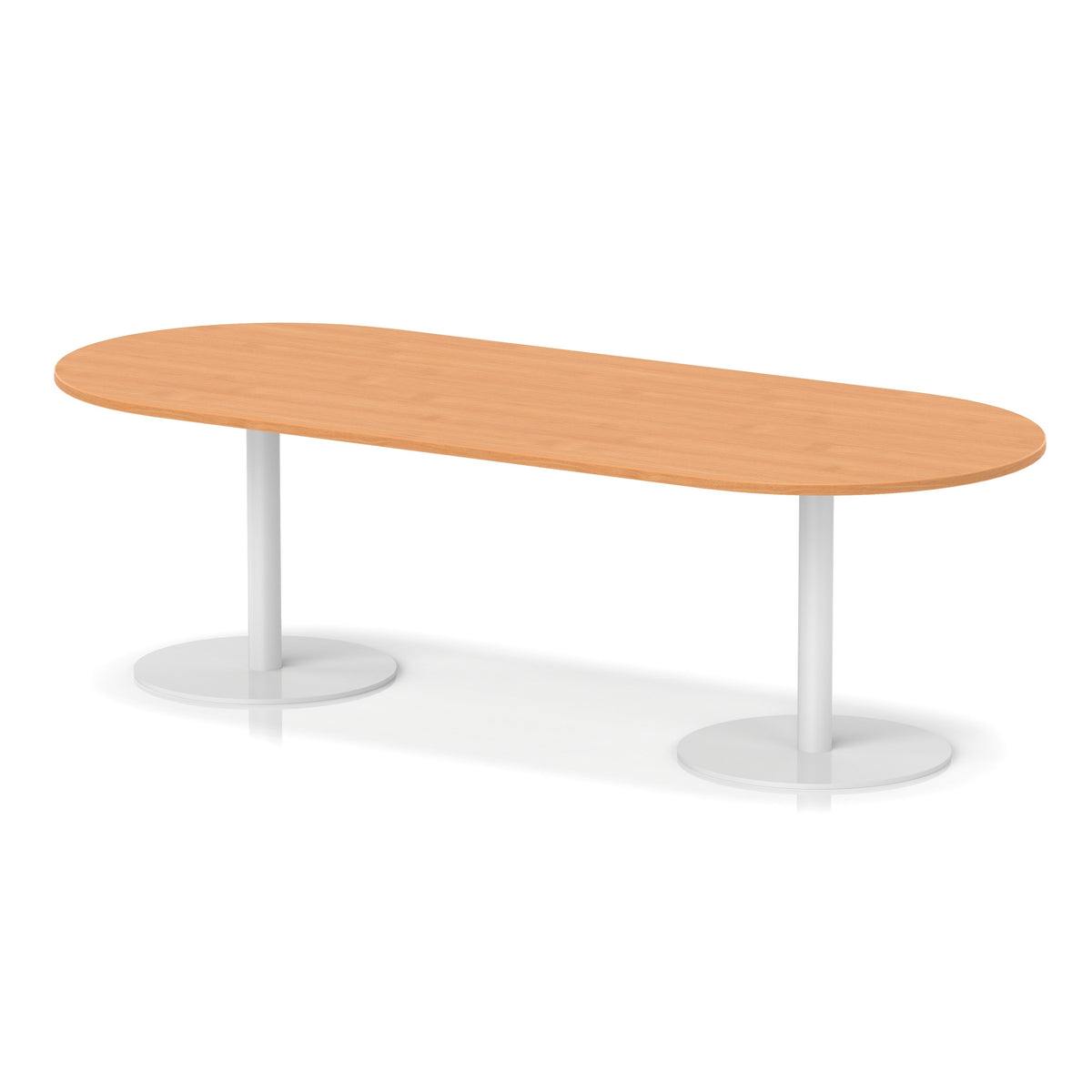 Table with wood-effect top and white metal legs on a white background