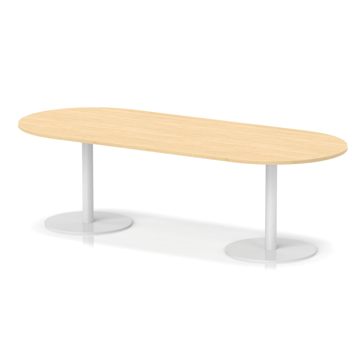 Table with wood-effect top and white metal legs on a white background