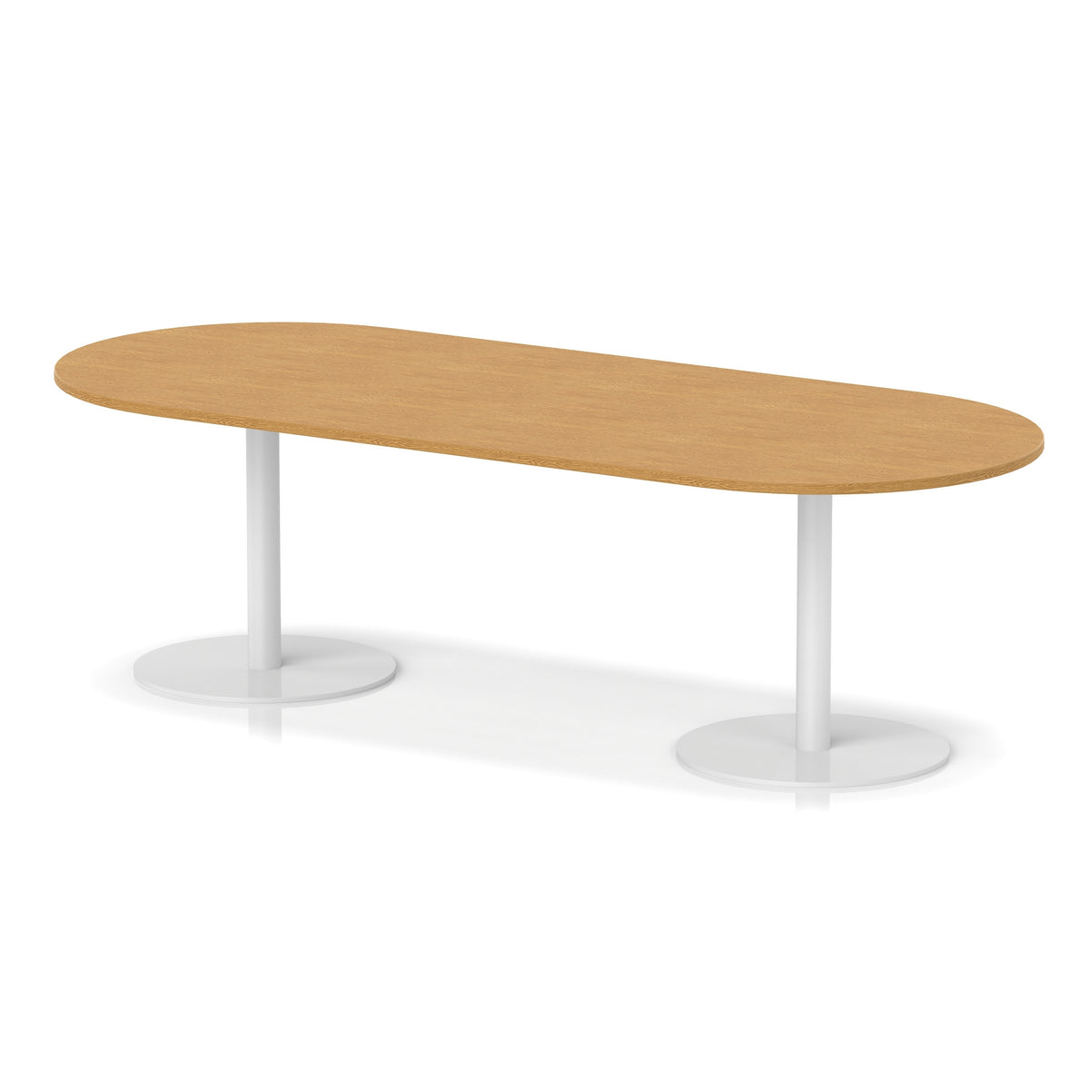 Table with wood-effect top and white metal legs on a white background