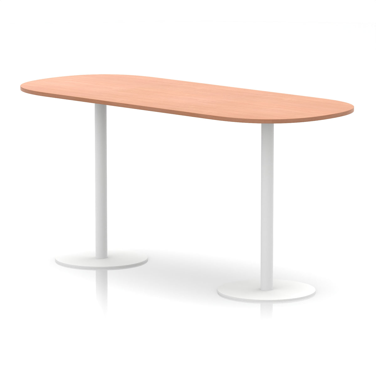 High table with wood-effect top and white metal legs on a white background