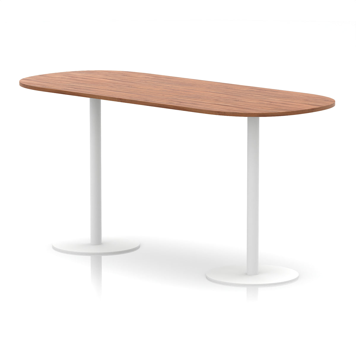 High table with wood-effect top and white metal legs on a white background