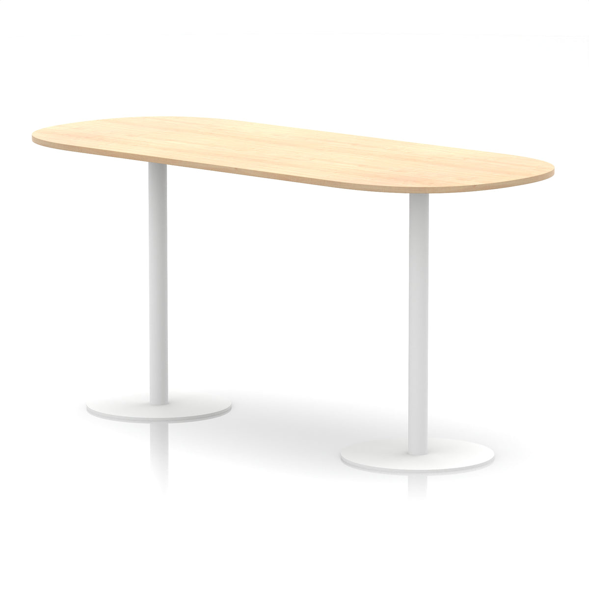 High table with wood-effect top and white metal legs on a white background