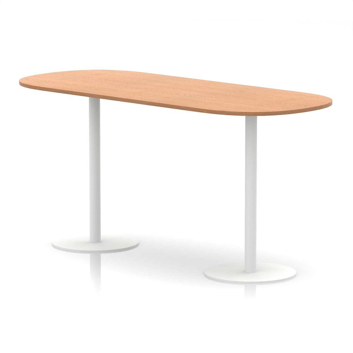 High table with wood-effect top and white metal legs on a white background