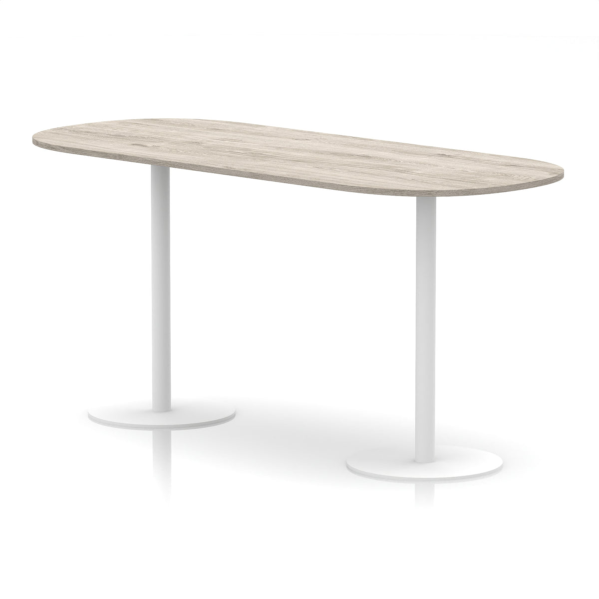 High table with wood-effect top and white metal legs on a white background