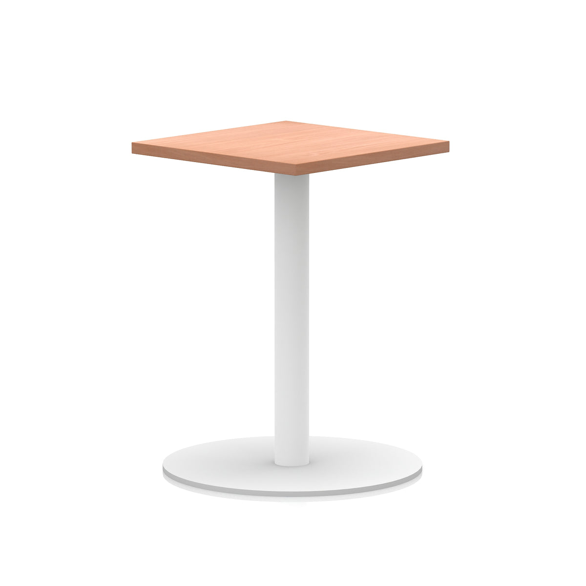 Square table with wood-effect top and white round base on a white background