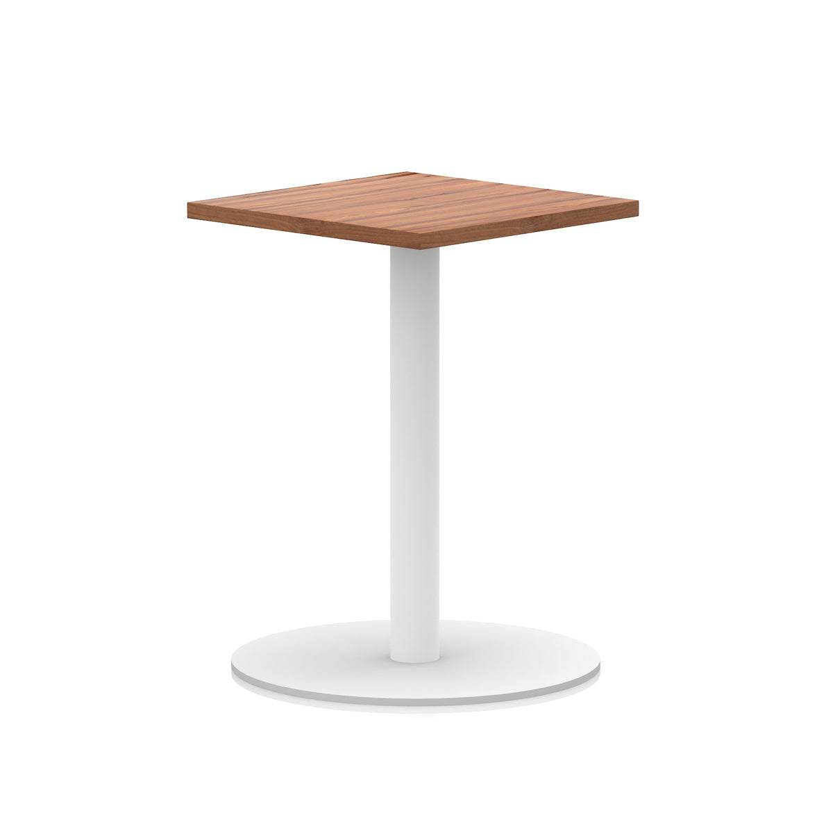 Square table with wood-effect top and white round base on a white background