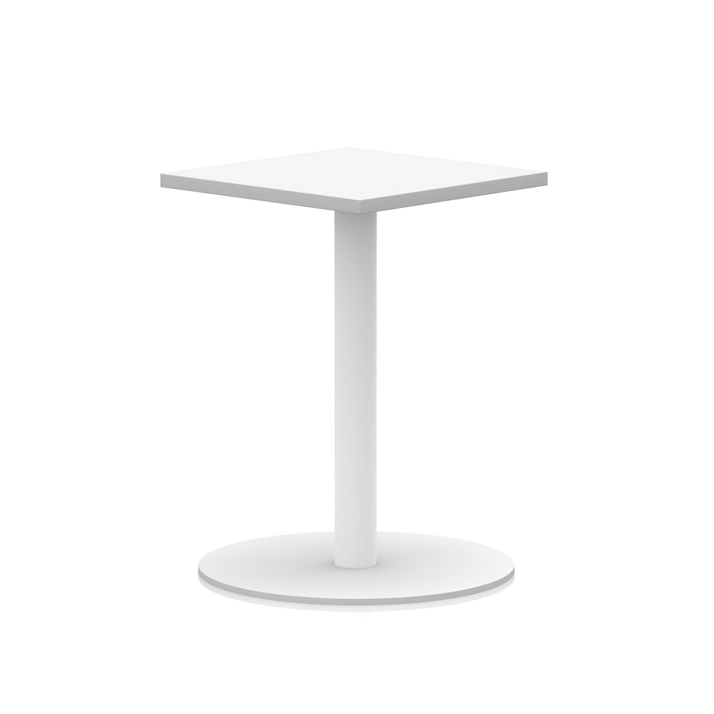 White table with square top and round base on a white background