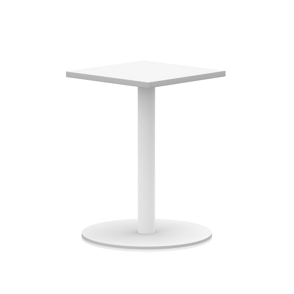 White table with square top and round base on a white background
