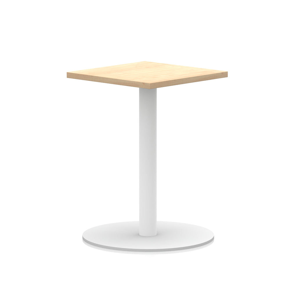 Square table with wood-effect top and white round base on a white background