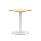 Square table with wood-effect top and white round base on a white background