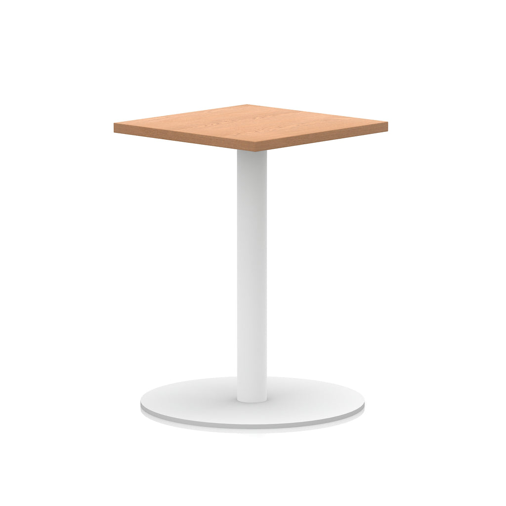 Square table with wood-effect top and white round base on a white background