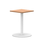 Square table with wood-effect top and white round base on a white background