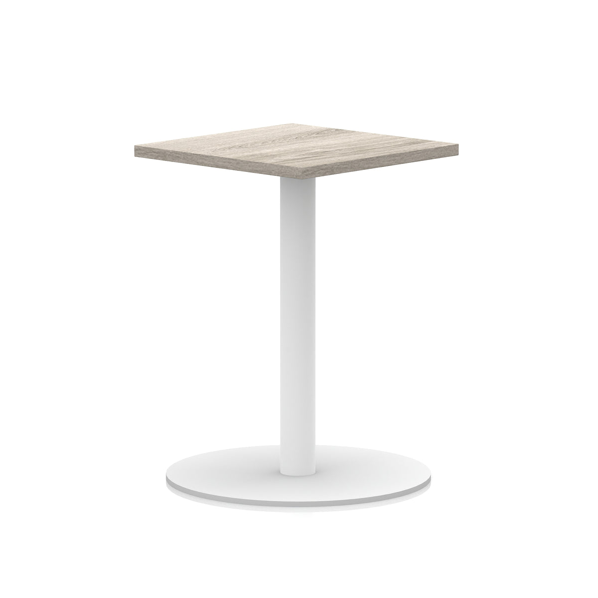 Square table with wood-effect top and white round base on a white background