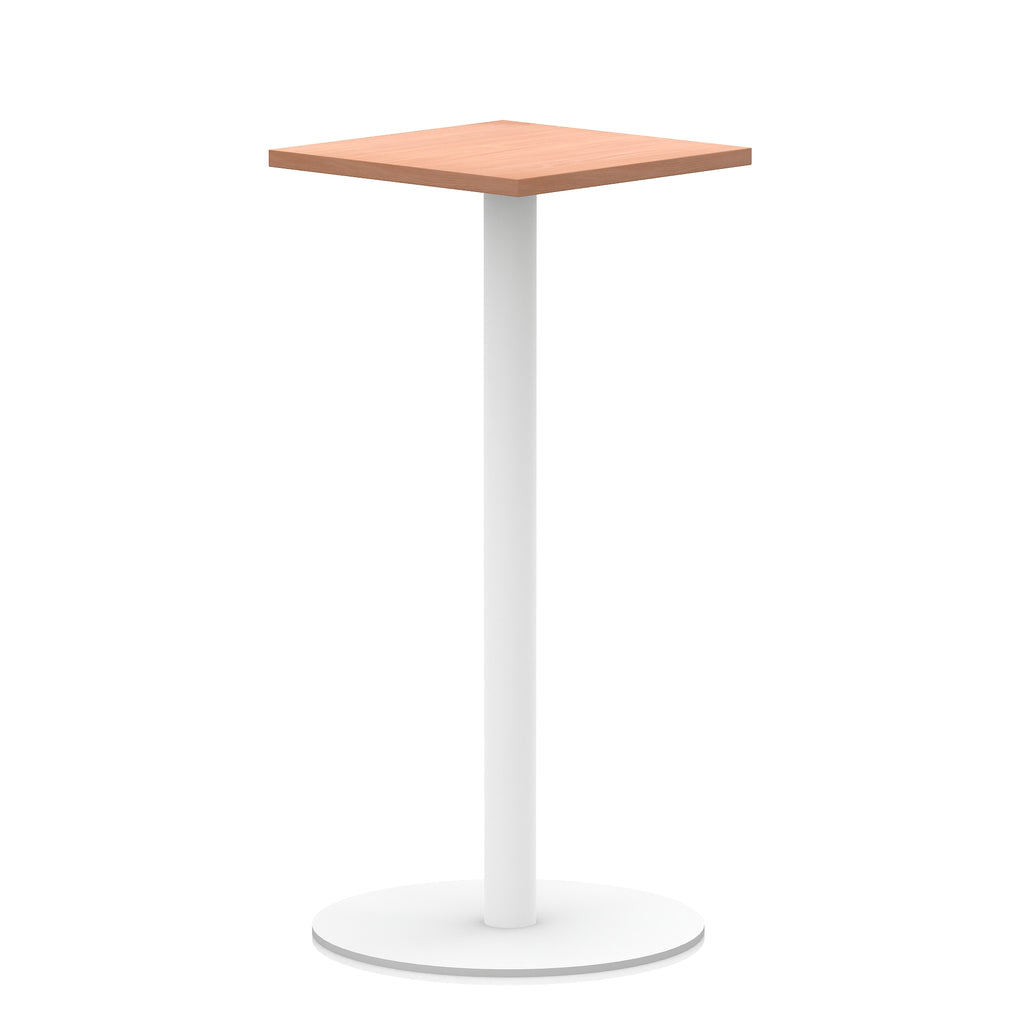 Square high table with wood-effect top and white round base on a white background