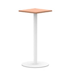 Square high table with wood-effect top and white round base on a white background