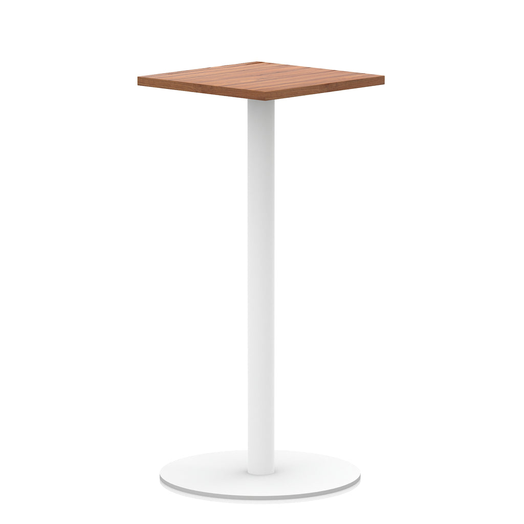 Square high table with wood-effect top and white round base on a white background