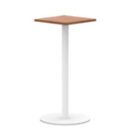 Square high table with wood-effect top and white round base on a white background